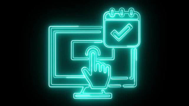 Neon glowing computer with hand click and calendar checkmark icon 4k Loop.