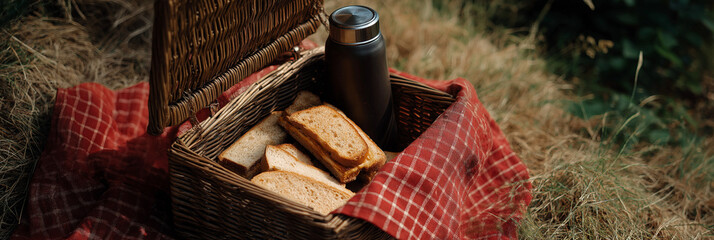 A charming picnic basket filled with fresh bread and a thermos, evoking feelings of outdoor dining and connection with nature in a serene, grassy setting.
