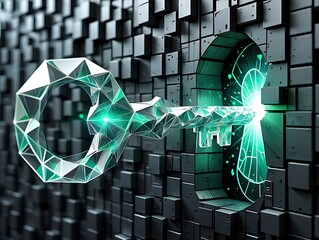 Digital key entering keyhole glowing with digital light