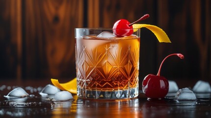  Rich bourbon old fashioned with aromatic bitters, glowing warm amber hues, delicate citrus peel garnish, succulent cherry, and a vintage cocktail glass with intricate etched patterns, set against 