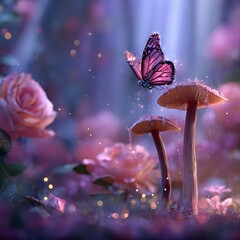 A magical, fairytale-like scene set in a softly lit garden. 