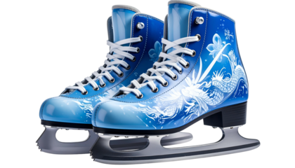 Pair of ice skates, ornate blue and white design, detail of blades, on a black background