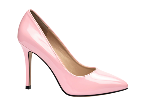 A glossy, light pink patent leather high-heel pump with black-tipped heel, isolated on a dark background