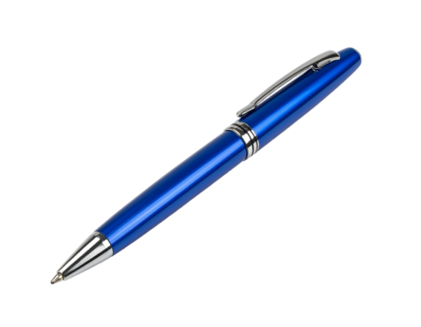 A glossy, metallic blue pen, positioned diagonally against a solid black background, casting soft highlights