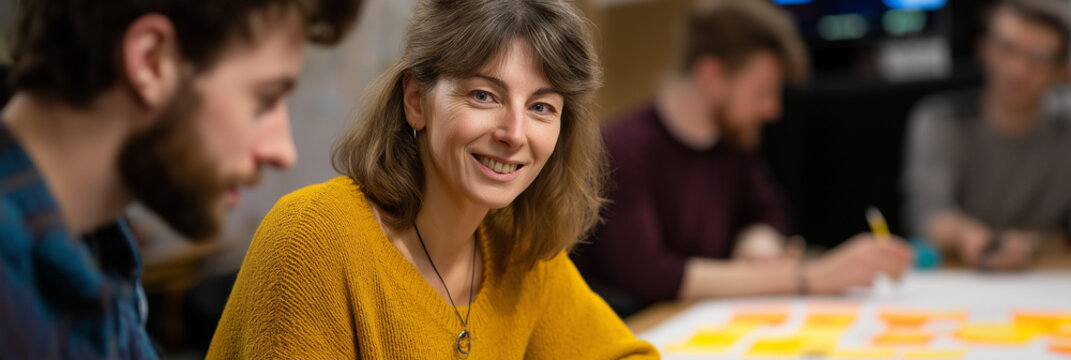 A woman smiling at the camera engages in a brainstorming session with her teammates, highlighting collaboration and creativity in a vibrant workspace filled with ideas.