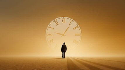 Conceptual animation of a businessman walking toward a giant clock dial in a surreal, hazy desert. Metaphor for time, future, career, and journey - Powered by Adobe