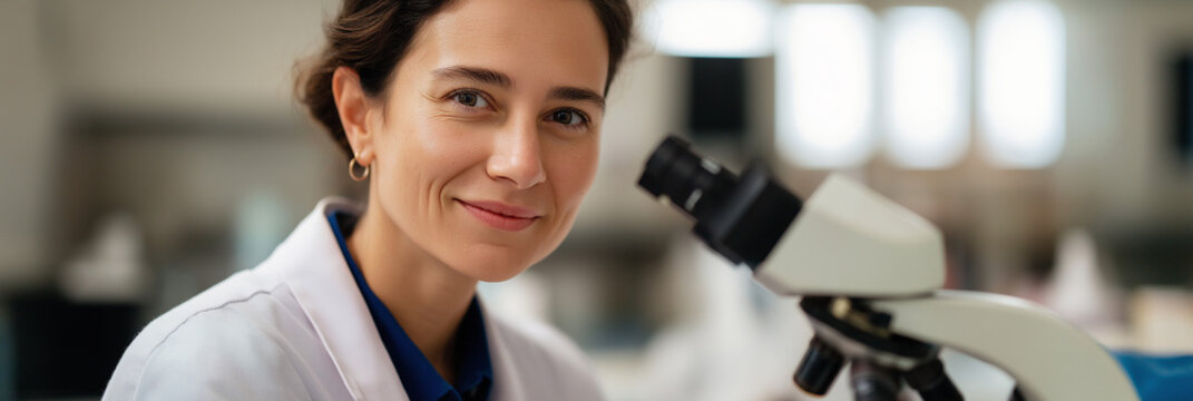 A focused scientist in a lab observes a sample through a microscope, embodying precision and scientific inquiry in a clean, bright research environment.