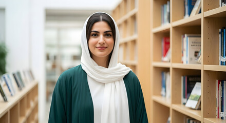 Portrait of a Confident Middle Eastern Young Woman in Hijab Smiling in a Modern University Library