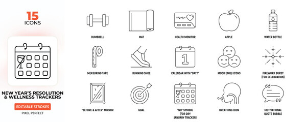New Year’s Resolution & Wellness Trackers Line Icon Set – Fitness, Health, Goals, Motivation, Editable Stroke.