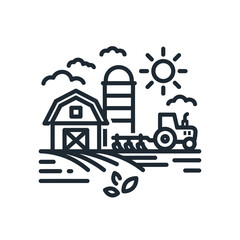 Obraz premium Minimalist line art farm scene icon featuring barn, silo, tractor, field, sun, and clouds.