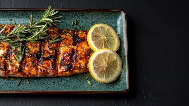 Glazed fish with rosemary and lemon slices on textured turquoise plate