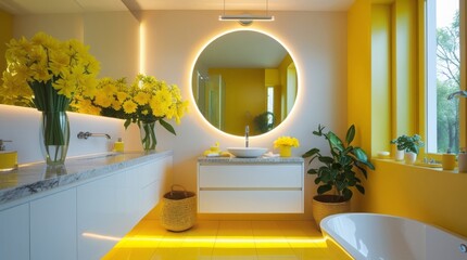 Sunny yellow bathroom with a large curved mirror hanging above a sleek white vanity, featuring soft warm lighting that emanates from a stylish chrome fixture, surrounded by modern elements that evoke 