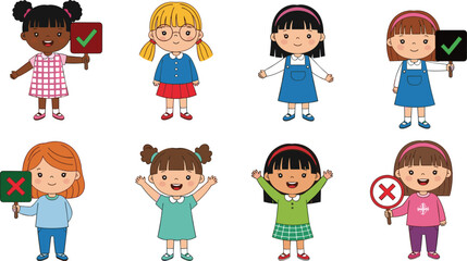 Cartoon children holding signs, correct and incorrect symbols, educational activity, learning concept, diverse kids, classroom behavior, visual aid