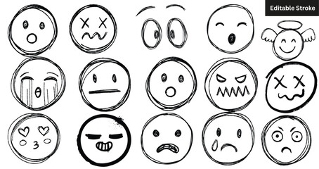Set of hand drawn emoticons. Vector sketch doodle collection of smiley face icons and expressions. Editable stroke. © Emran Graphics