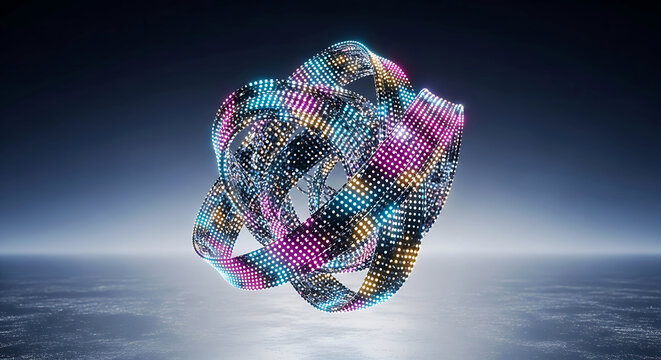 Abstract interwoven ribbons of colorful L E D lights in a dark studio image