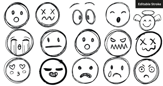 Set of hand drawn emoticons. Vector sketch doodle collection of smiley face icons and expressions. Editable stroke.