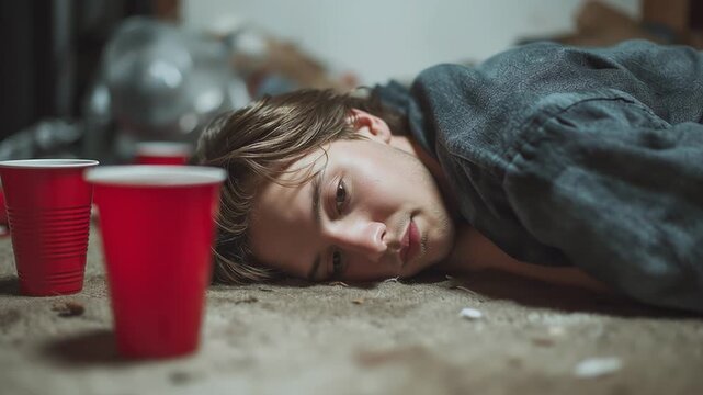 Young man with a hangover waking up on the dirty floor after a party. A messy room with red plastic cups illustrates alcohol abuse