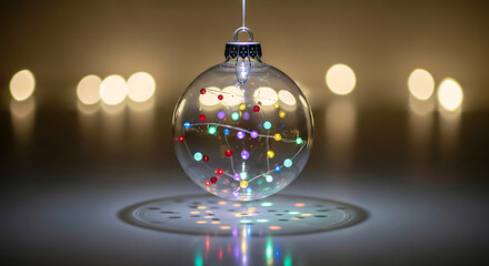 Clear Christmas bauble with colorful fairy lights and bokeh background ornament glass