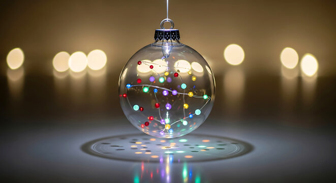 Clear Christmas bauble with colorful fairy lights and bokeh background ornament glass