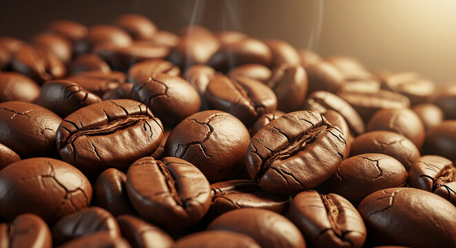 Freshly Roasted Coffee Beans with Steam and Golden Light
An extremely close-up, macro shot capturing a dense pile of freshly roasted coffee beans