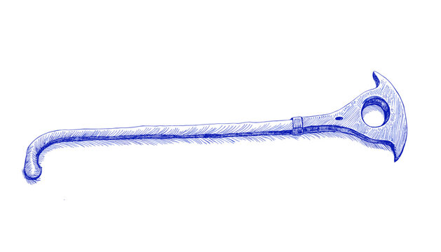 Vintage crowbar sketch in blue ink on white background  