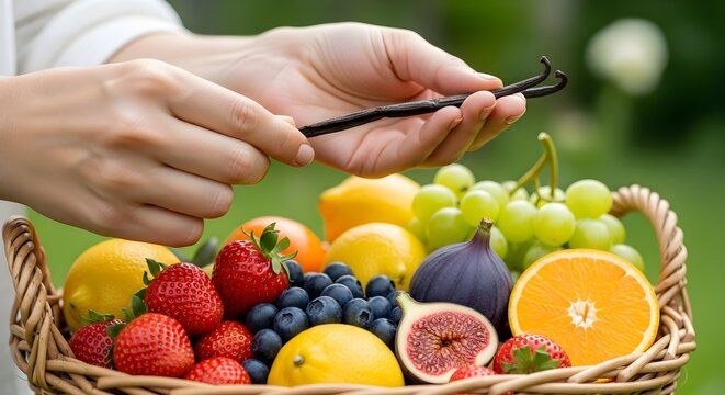 Hands holding aromatic vanilla beans above a vibrant basket of fresh fruits including strawberries, blueberries, figs, grapes, oranges, and lemons, capturing the essence of garden-fresh natural flavor