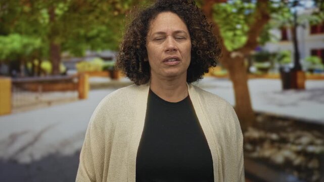 Woman wearing beige cardigan clutching shoulder with pained expression in green city park; discomfort.