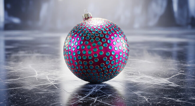 Pink and teal dotted Christmas ornament on cracked ice surface image