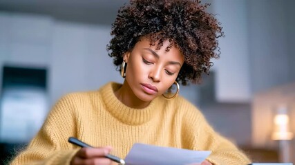 Young african american woman writing a letter at her desk. Concentrated female student doing homework, studying for exams, or paying bills - Powered by Adobe
