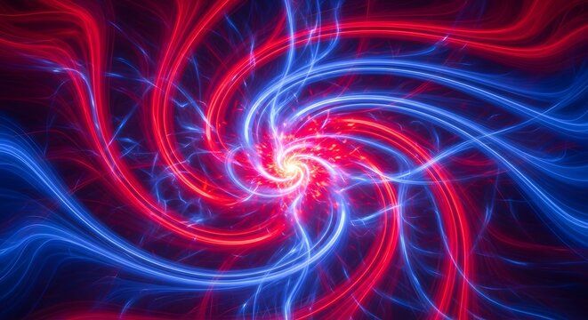 Dynamic spiral of swirling red and blue light trails on a dark background, representing energy, technology, and futuristic concepts with a vibrant visual effect - Powered by Adobe