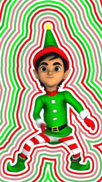 Hypnotic animation of cute elf dancing hip hop isolated with wave effect. Seamless psychedelic Christmas animation.