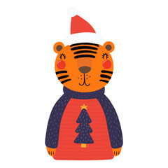 Tiger in a Santa Claus hat, ugly sweater isolated on transparent. Hand drawn flat vector illustration. Cute cartoon character. Traditional Christmas, New Year design element, clip art