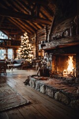 Naklejka premium Cozy wooden cabin living room with roaring stone fireplace and bokeh-lit Christmas tree in warm glow. Rustic holiday hearth comfort, inviting festive winter sanctuary vibe.