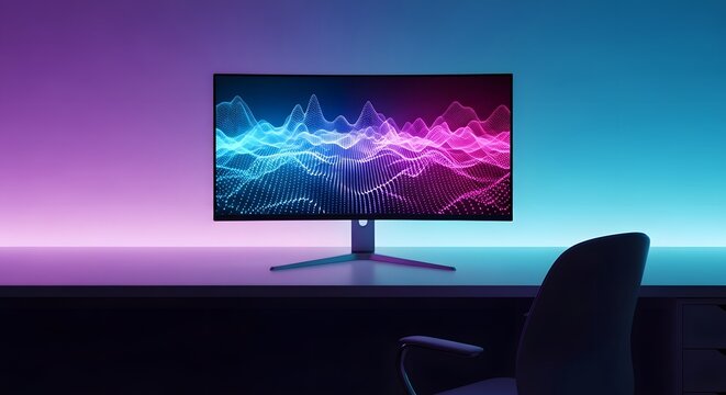 Modern gaming setup with vibrant neon light gradients on wall and desk, featuring a monitor displaying abstract digital sound waves, creating an immersive and dynamic visual experience