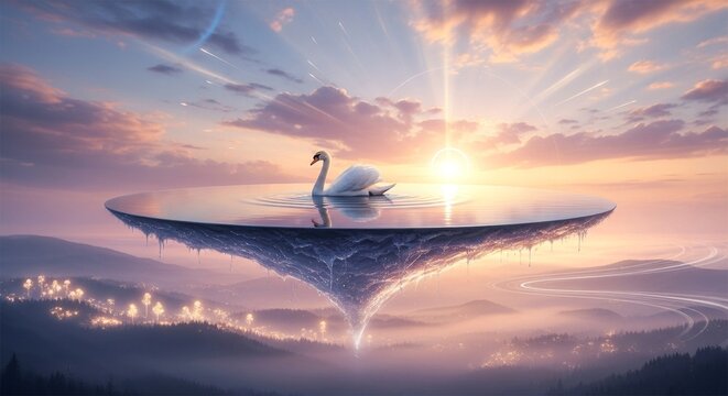Swan on a floating island with sunrise peaceful serenity and tranquility