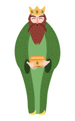 One of three kings Gaspar with gift of frankincense isolated on transparent background. Hand drawn flat vector illustration. Cartoon character. Epiphany Day, Christmas design element, clip art