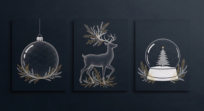 Three dot art Christmas designs reindeer bauble snow globe on dark background image