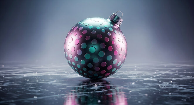 Dark Christmas bauble with pink and teal polka dots on ice ornament decoration