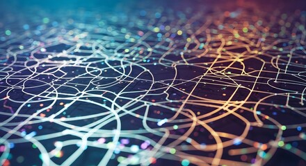 Complex network of interconnected glowing lines and vibrant bokeh lights spreading across a dark surface, symbolizing data flow technology communication or abstract digital systems