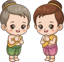Cartoon Thai children performing wai greeting in traditional costume, cultural illustration with respectful gesture and colorful ethnic attire