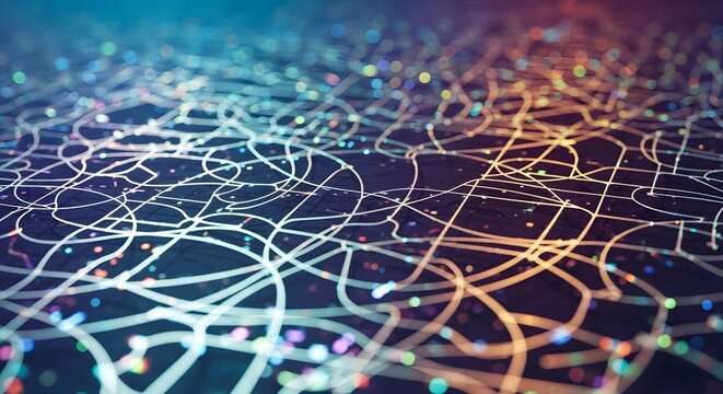 Complex network of interconnected glowing lines and vibrant bokeh lights spreading across a dark surface, symbolizing data flow technology communication or abstract digital systems