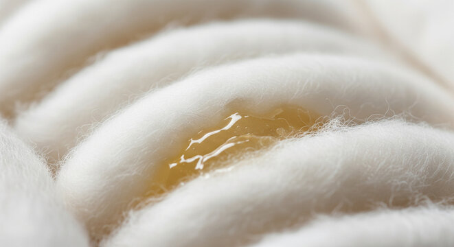 Macro Detail: Golden Droplet of Sericin on Soft White Silk Cocoons
An extreme macro close-up photograph focusing on a row of pure, creamy white silk cocoons, likely from the Bombyx mori silkworm