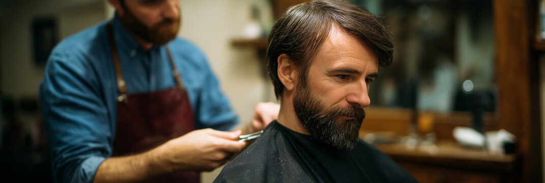A skilled barber carefully trims the hair of a mature man, showcasing a classic grooming experience that combines personal care and artisanal craftsmanship in a barbershop.