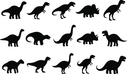 Dinosaur silhouettes, Tyrannosaurus rex, Triceratops, Brachiosaurus, prehistoric animals, Jurassic creatures, fossil shapes, ancient reptiles, vector illustration, educational design art