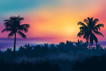 Vector Tropical Sunset Landscape with Pink Clouds and Silhouettes of Palm Trees under a Warm Evening Sky