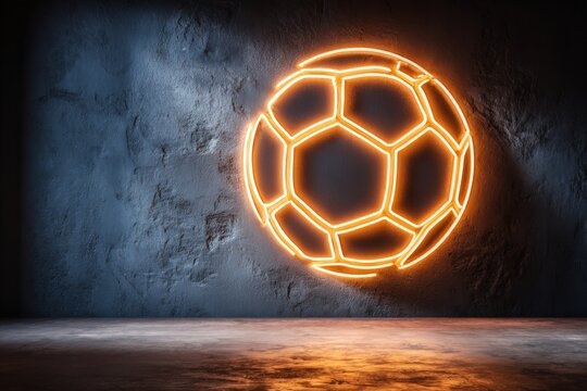 A minimalist neon line drawing of a soccer ball on a dark concrete wall