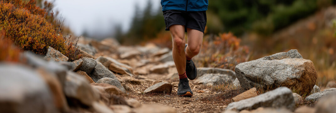 A focused runner navigates a rugged trail, showcasing determination and fitness in an autumnal landscape, emphasizing the connection between physical activity and nature's beauty.
