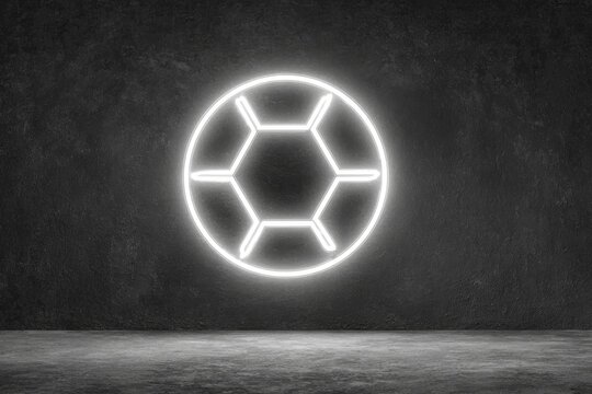 A minimalist neon line drawing of a soccer ball on a dark concrete wall