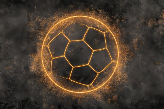 A minimalist neon line drawing of a soccer ball on a dark concrete wall - Powered by Adobe