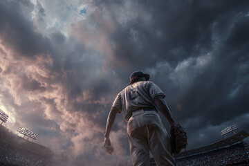 Determined baseball pitcher stands ready on the mound, facing a dramatic stormy sky and roaring stadium crowd, anticipating the game's pivotal moment.